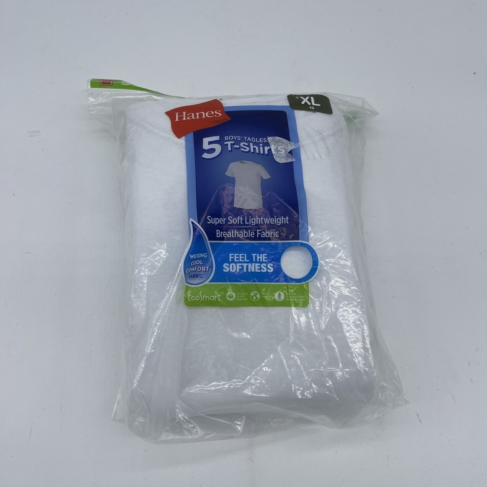 Hanes Boys Size XL 18 Tagless White Crewneck T-Shirts 5 Pack Ecosmart Wicking